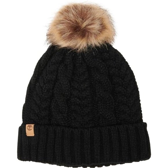 Timberland Womens Black Fleece Lined Cable Knit Cuff Brim Hat With Pom Pom New - Picture 3 of 6